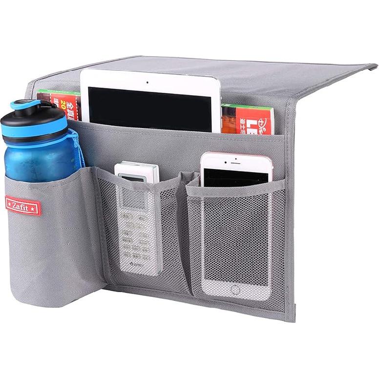 Bedside Storage Organizer, Table Cabinet Bedside Organizer Caddy for Remotes Phone Glasses (Classic 4 Pockets-Grey)