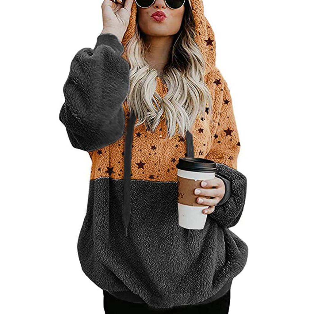 Women Plus Size Hooded Sweatshirt Star Winter Warm Zipper Pockets Coat Outwear