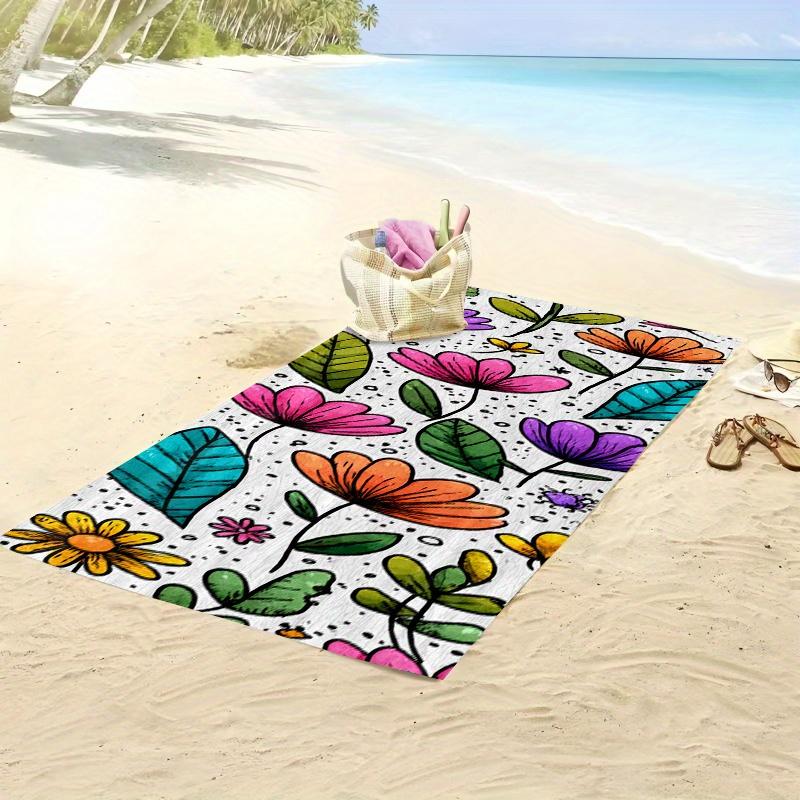 1pc Colorful Stylized Floral Pattern Beach Towel Bright Purple Orange Yellow and Pink Flowers with Leaves on White Background