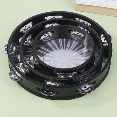 New 6/8/10 Inch Wooden Radiant Tambourine Handbell Hand Drum With Row Jingles Reflective Drum Head Musical Percussion Instrument