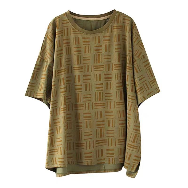 Plus size losvallend katoenen T-shirt met korte mouwen voor dames, ronde hals, vintage casual top.