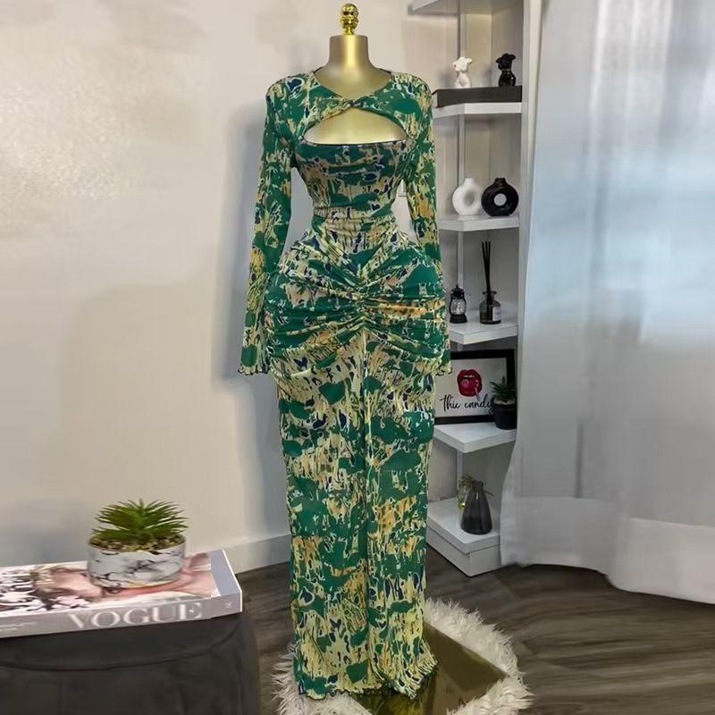 European and American Fashion Sexy Hollow out Long sleeve dress Print Long dress Sexy Hollow Printed Dress