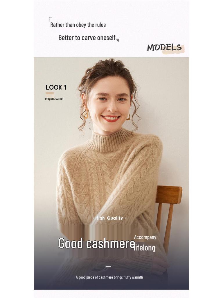 Autumn/Winter Women's Slim Fit Cable Knit Cashmere Sweater Pullover