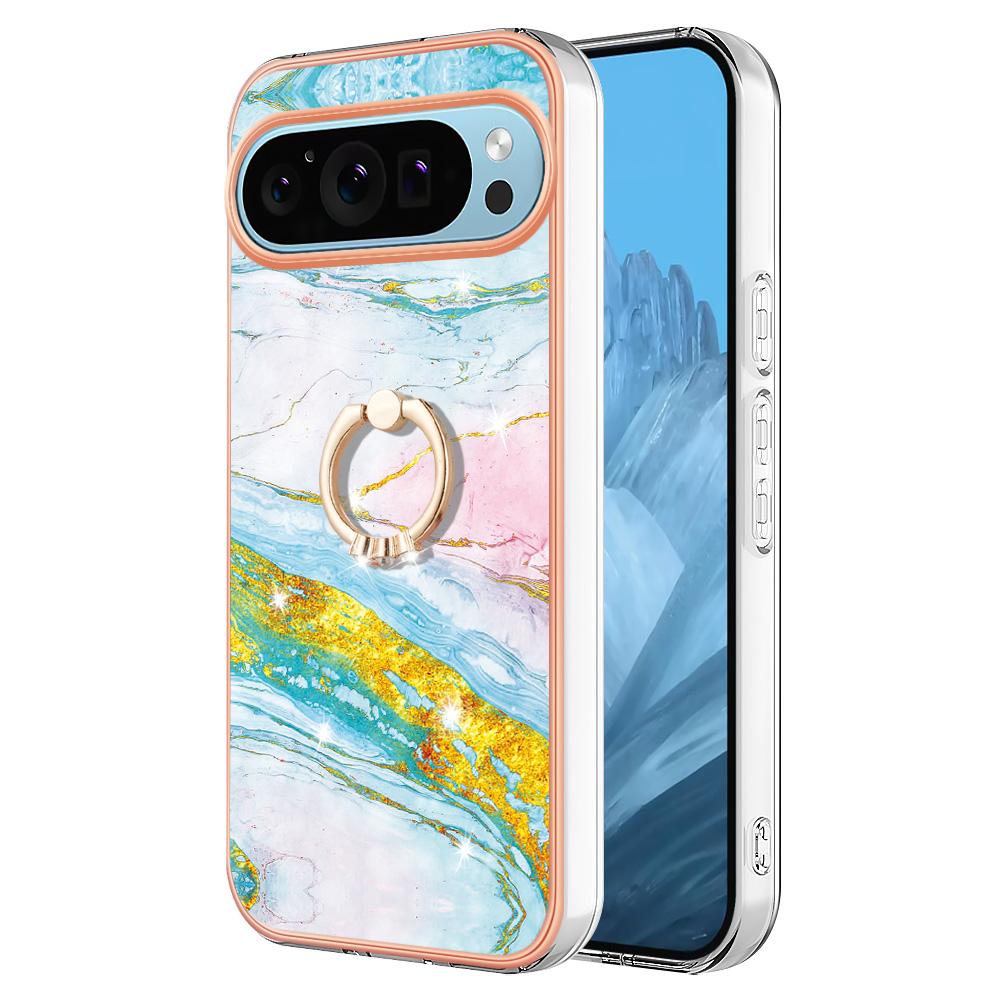 For Google Pixel 9/Pixel 9 Pro Case with Ring Kickstand Marble Pattern Electroplating TPU Back Cover