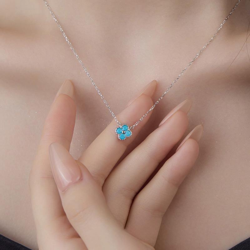 Zircon Multicolor Four-Leaf Clover Necklace for Women - Elegant Clavicle Chain with Blue Pendant