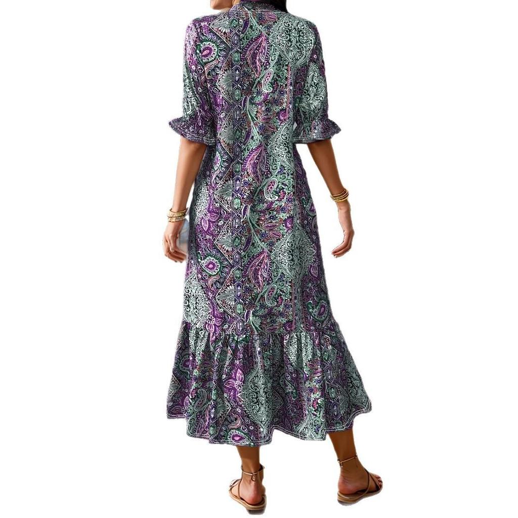 Women's Ruffled Dress Ethnic Style Printed Short-sleeved V-neck Loose Plus Size Long Dress