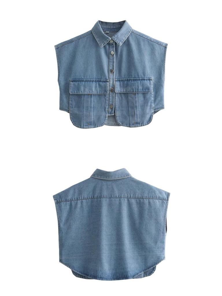 Women's Patchwork Irregular Polo Collar Denim Cardigan Top