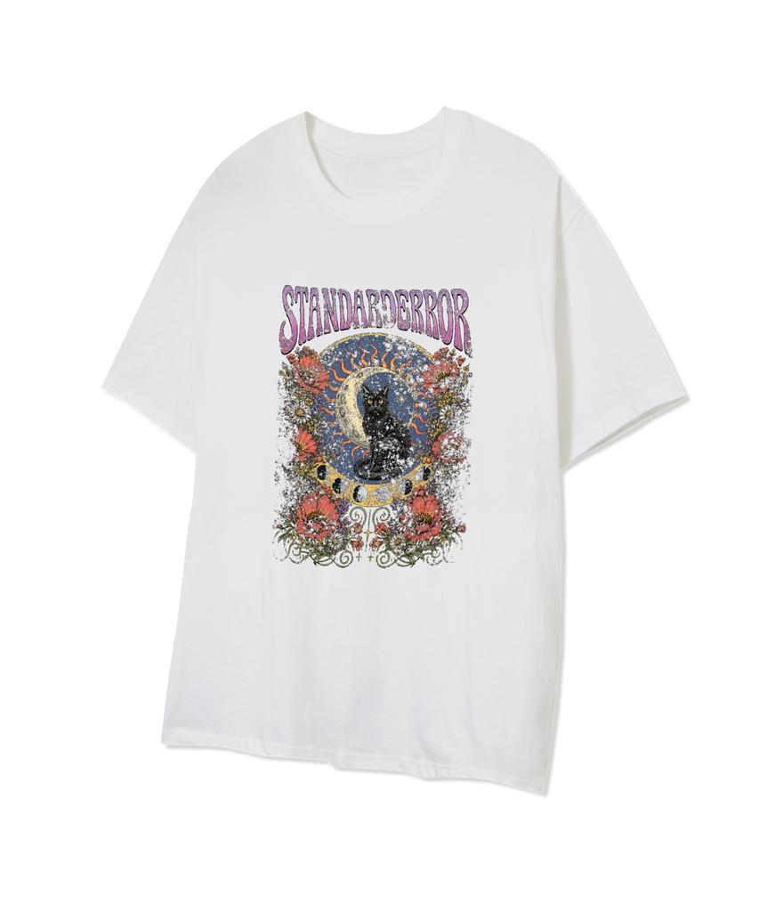 STANDARDERROR 87-Stan339 Sun & Moon Cat Solid Short Sleeve T-Shirt (2 Colors)