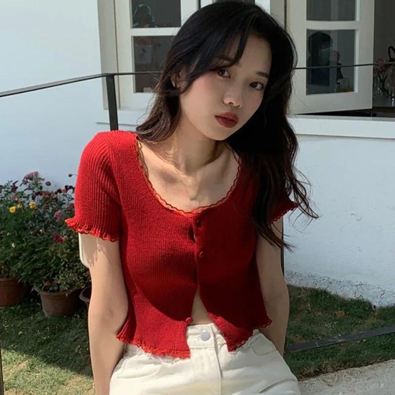 Women's O-neck Button Short Exposed Navel Knitted Short-sleeved T-shirt Cardigan