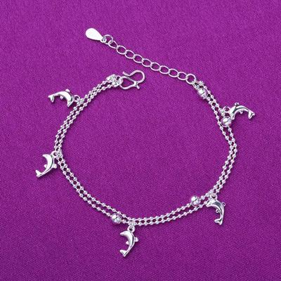 Korean Double-Layer Dolphin Bracelet Anklet for Women, Silver-Plated Fashion Jewelry