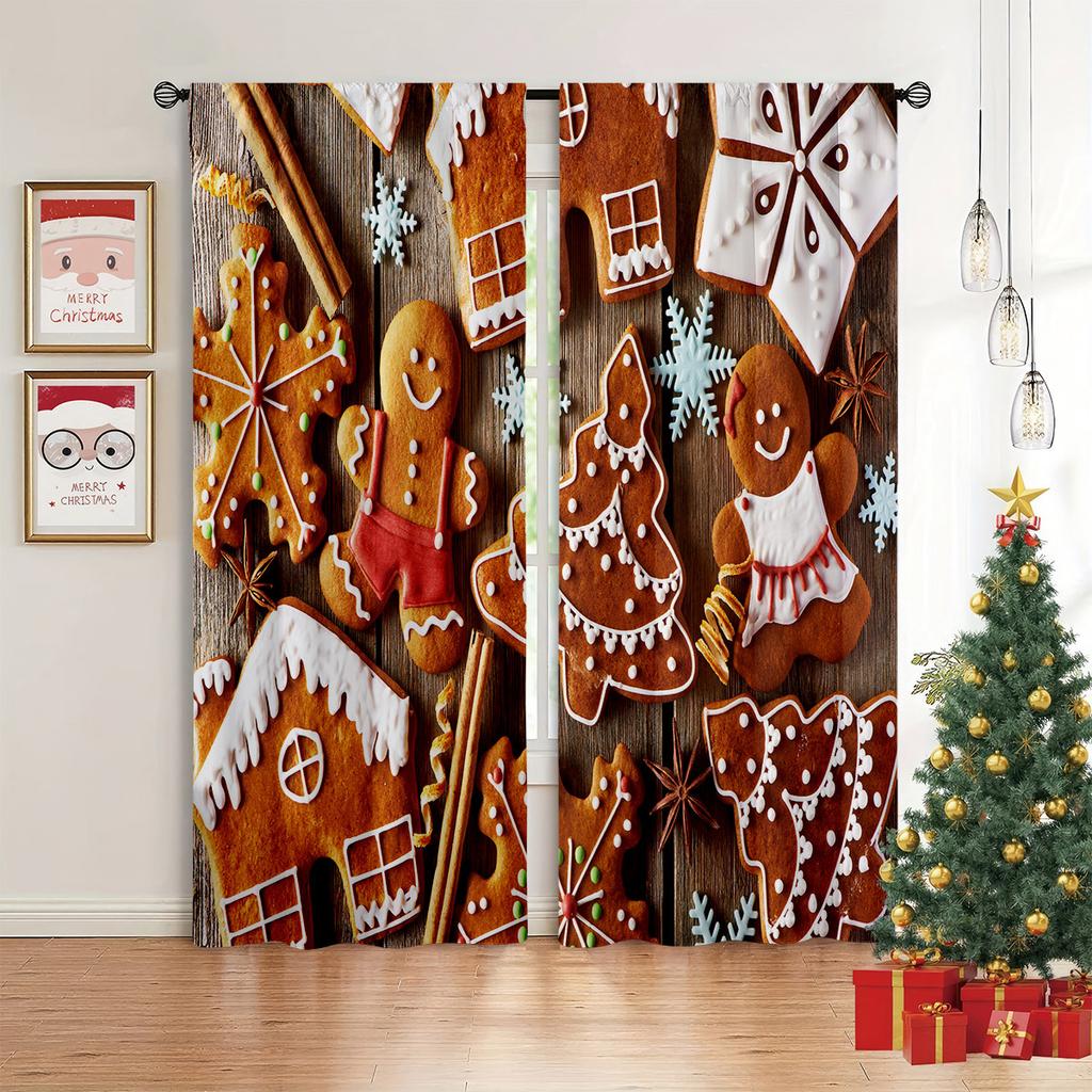 Christmas Bells Green Curtains Golden Red Snowflakes Christmas Elements Bedroom Living Room Kitchen Holiday Curtains 2 Pcs