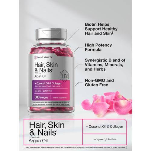 Hair Skin and Nails Vitamins | 300 Softgels | with Biotin and Collagen | Infused with Argan Oil and Coconut Oil | Non-GMO, Gluten Free Supplement | by