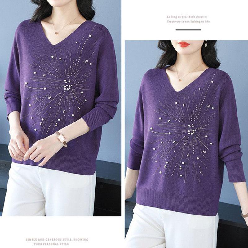 Autumn and Winter Women's V-Neck Sweater Solid Color Loose Beaded Sweater Plus Size Knitted Pullover Top