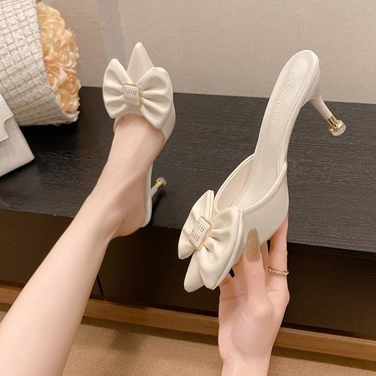 Bow High-heeled Sandals Pointed-toed Thin-heeled Mueller Shoes Women's Fashion Outer Wear 2025 Summer Internet Celebrity Bag Head Half Slippers