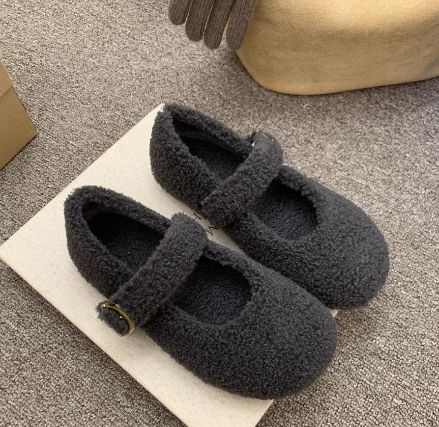 Xiaoxiangfeng velvet flat-soled fluffy shoes for women's 2025 new autumn and winter ballet round head versatile soft-soled Mary Jane cotton shoes