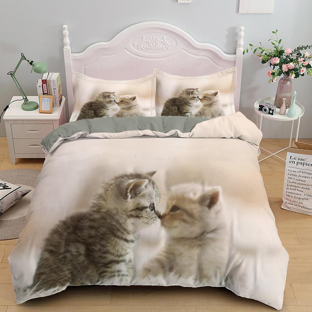 3D Bedding Sets Red Duvet Quilt Cover Set Comforter Bed Linen Pillowcase King Queen 210*210Cm Size Pet Cat Design For Kids Girls