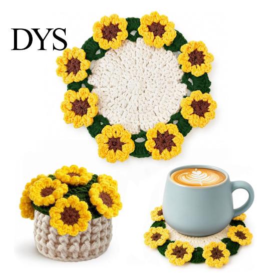 Desktop Plant Pot Stand Crochet Flower Bouquet Coaster, Handmade Knit Rose Mug Mat Transforms Into Bouquet, 2-in-1 Cozy Coffee Bar Decor Drink Coaster