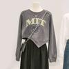 Women's Loose Printed Irregular Hem Short Women's Long Sleeve Sweatshirt