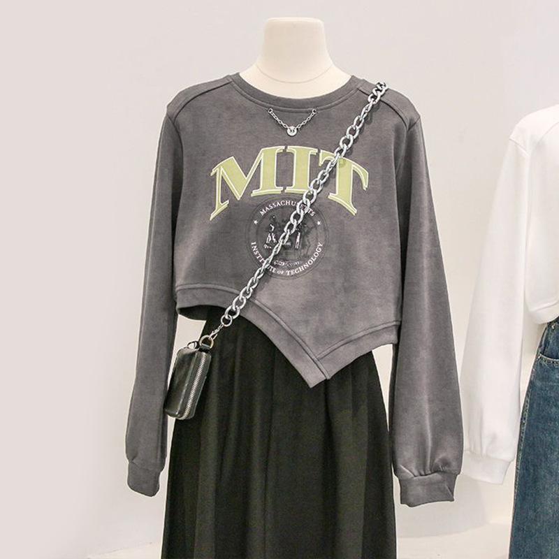 Women's Loose Printed Irregular Hem Short Women's Long Sleeve Sweatshirt