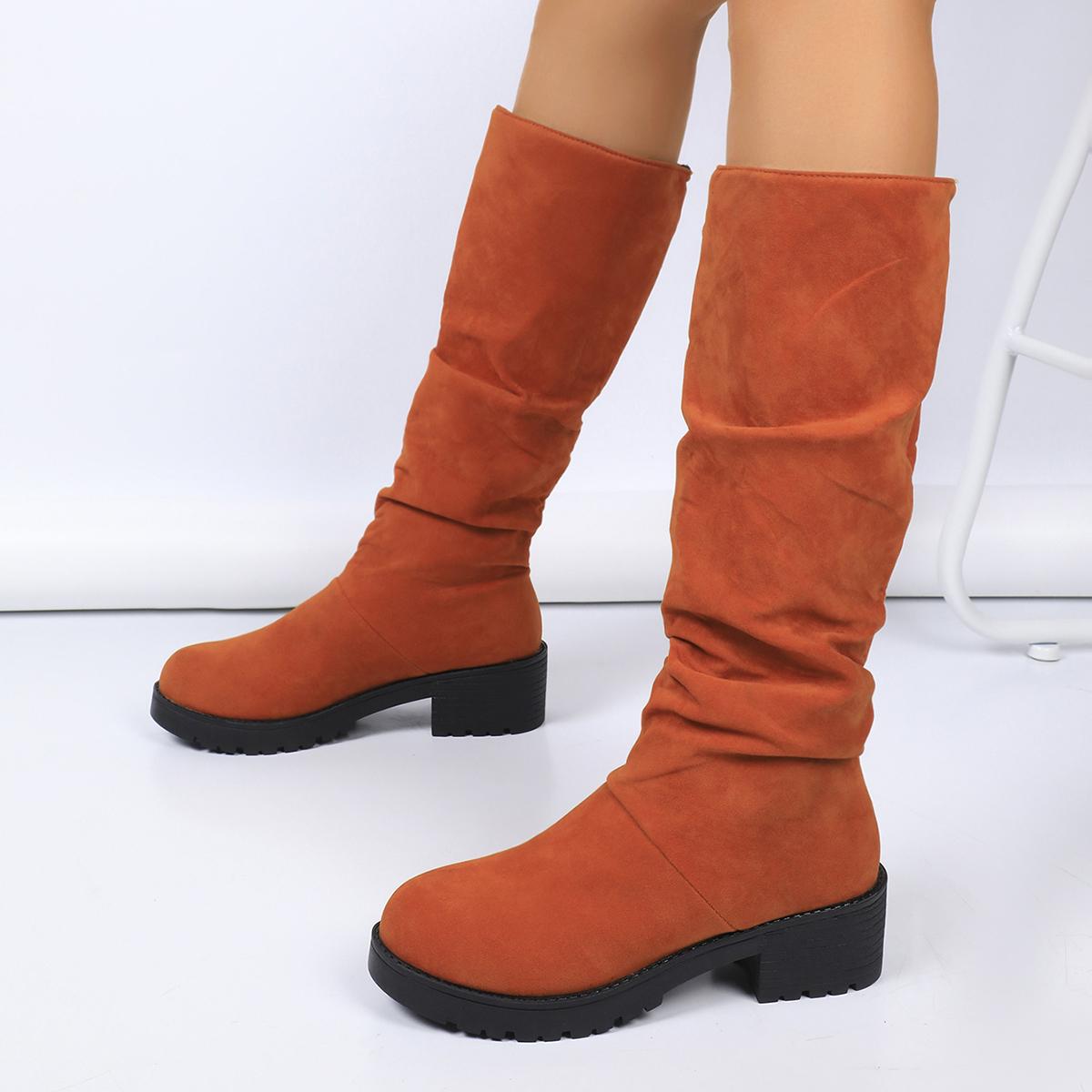 

Fashion Boots for Women Suede Thick Middle Heel Folded Stacked Mid-calf Boots Round Toe Slip-On Sexy Elegant Women s Boots 35