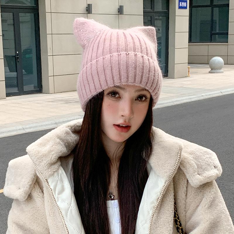 Cat Ear Wool Hat Women's Autumn and Winter New Warm Cute Knitted Hat Casual Hat Soft Warm Pullover for Big Heads, Cute Gift Hat for Cold Weather