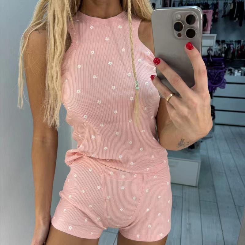 

S32236 Женский повседневный весенний трикотажный комплект без рукавов с принтом и шортами L