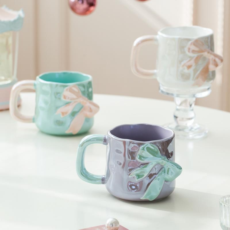 Pearlescent Glaze Bow Mug Nordic High Appearance Level Electroplated Ceramic  High End Feel  A Birthday Gift for A Girl's Best Friend