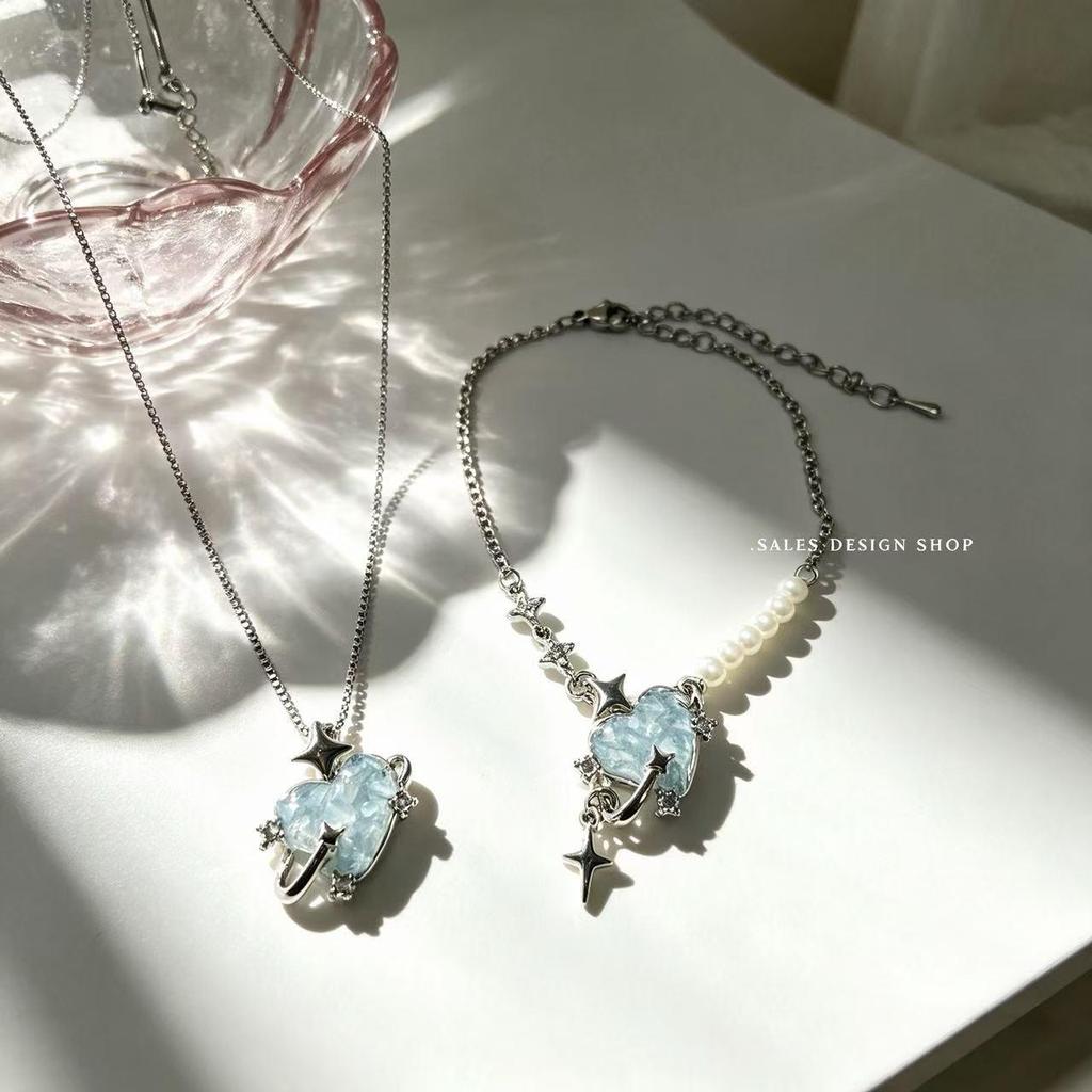 Exquisite French Ice Blue Star Crystal Heart Bracelet & Necklace Set for Women