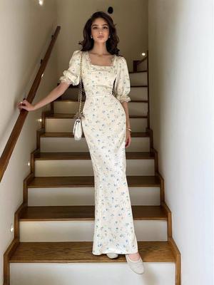 European American Women's Spring 2025 Fairy Lace Satin Dress - Slim Fit with Gentle Print Style