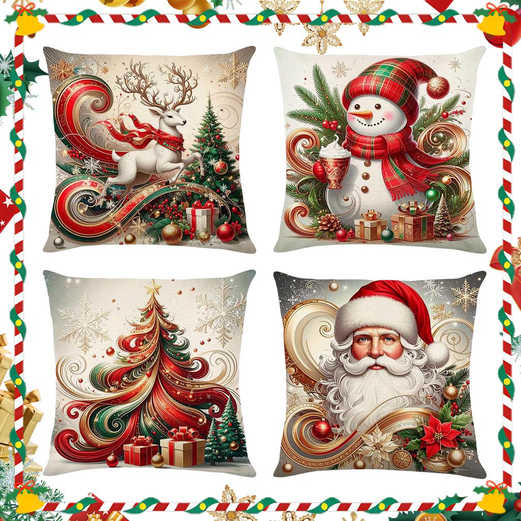 4Pcs Christmas Themed Pillow Case Washable Soft Cushion Sleeve Reindeer Pattern Snowman Printed Cushion Cover for Outdoor Couch