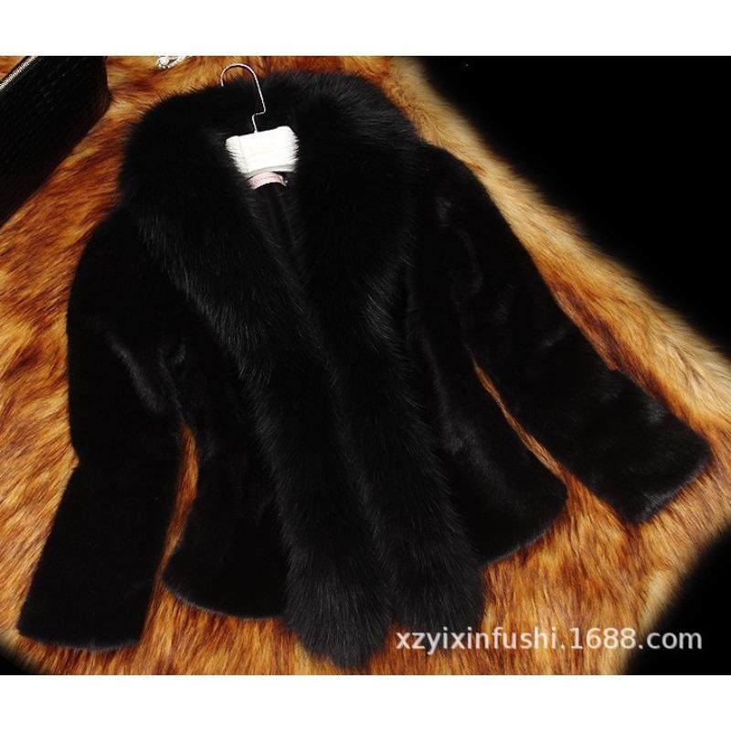 

Imitation mink coat fur coat women s long imitation fox fur collar slim-fitting cotton top cotton coat L чорний