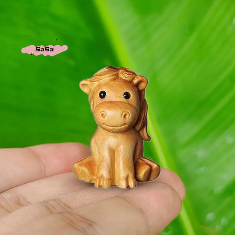 S-1/2pcs Mini Wood Carving Chinese New Year Horse Ornaments Zodiac Statue Cute Horse Decor Office Desktop Decor Car Decoration