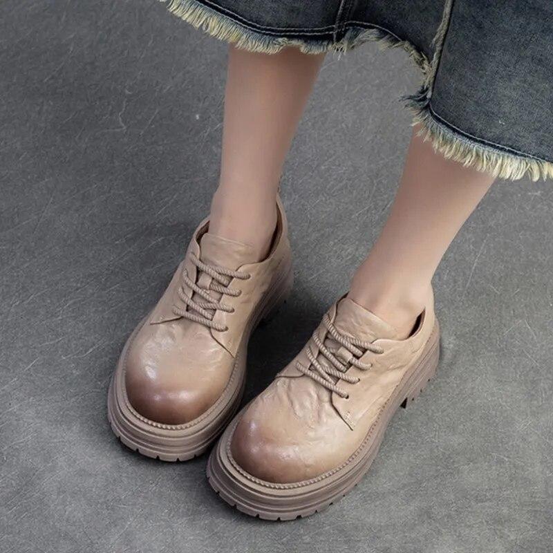 Johnature Vintage γνήσιο δέρμα βρετανικού στιλ Pumps Ευέλικτη χοντρή σόλα γυναικεία παπούτσια με κορδόνια