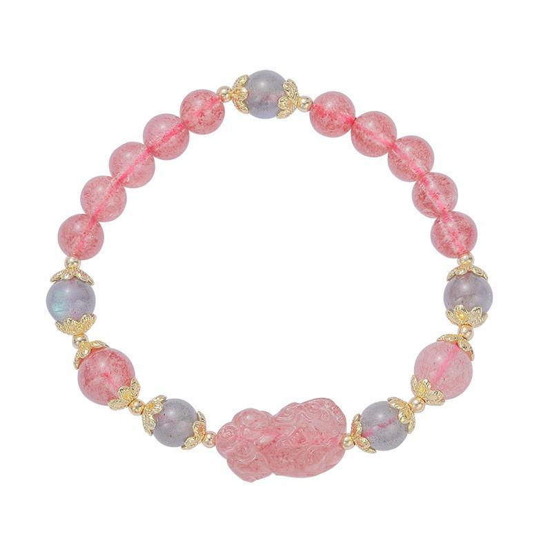 Erdbeerquarz Perlenarmband mit mattgrauem Mondstein und graviertem Pixiu-Anhänger für Damen, eleganter minimalistischer Stil