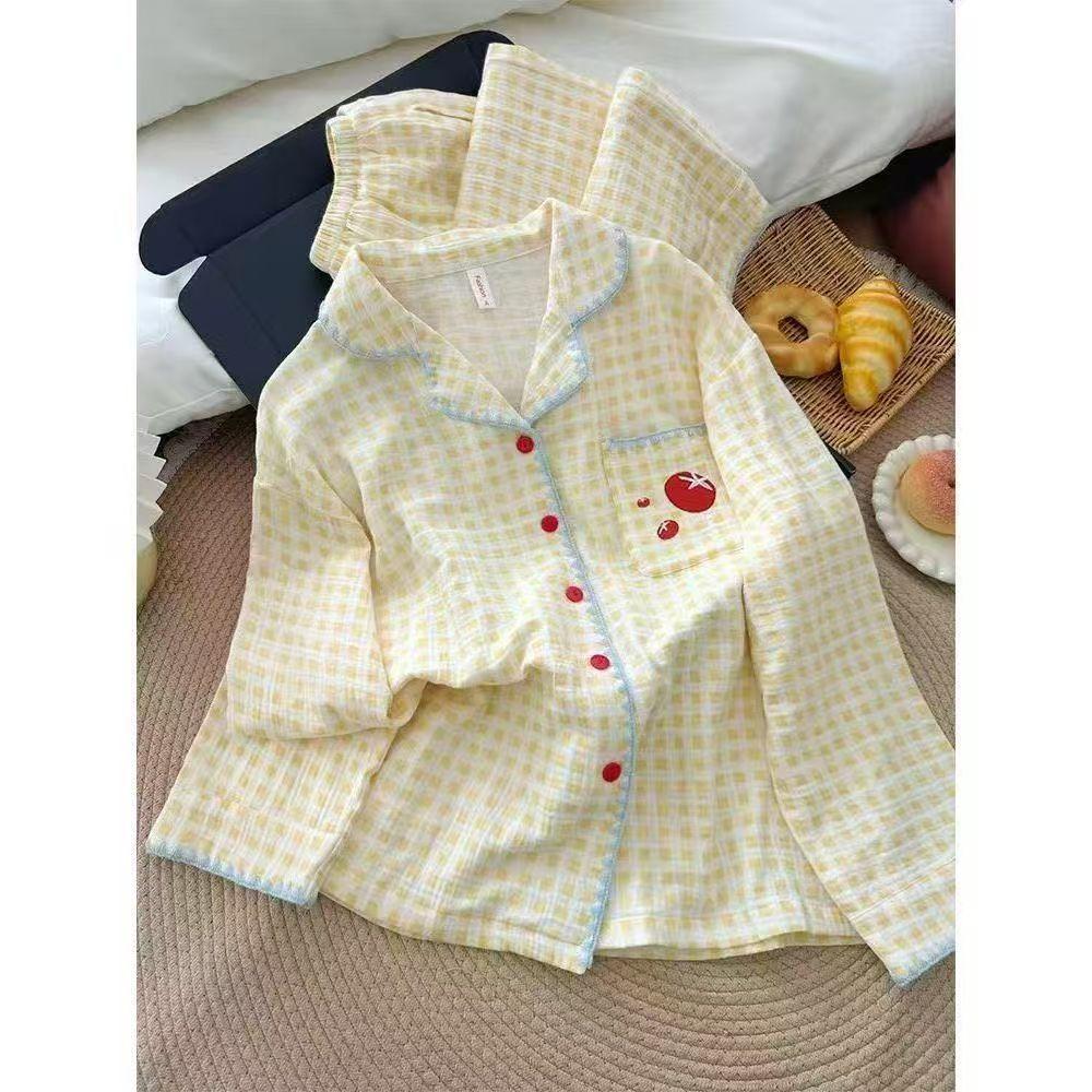 

Small fresh yellow plaid small tomato pajamas women s spring and autumn lace long-sleeved trousers suit can be worn outside loungewear XXL