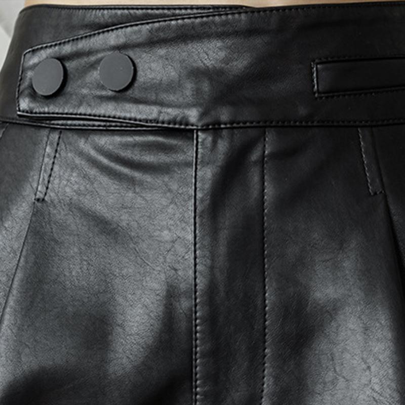 Shorts Women's Casual High Waist Leather Pants Loose Slit Slim A-line Wide-leg Pants