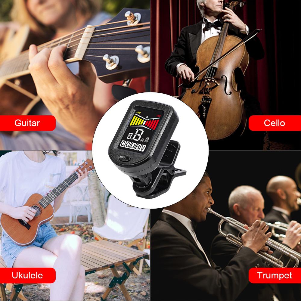 Guitar Tuner Clip On for Twelve Tone Equal Temperament Guitar Bass Violin Ukulele Color Backlight LED Screen Portable