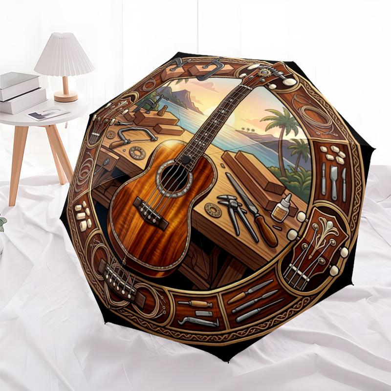 Guitar Craftsmanship Scene Pattern Umbrella, Portable and Foldable Design, 8 Ribs, a Casual Accessory for Halloween, Christmas, and Birthday Gifts.