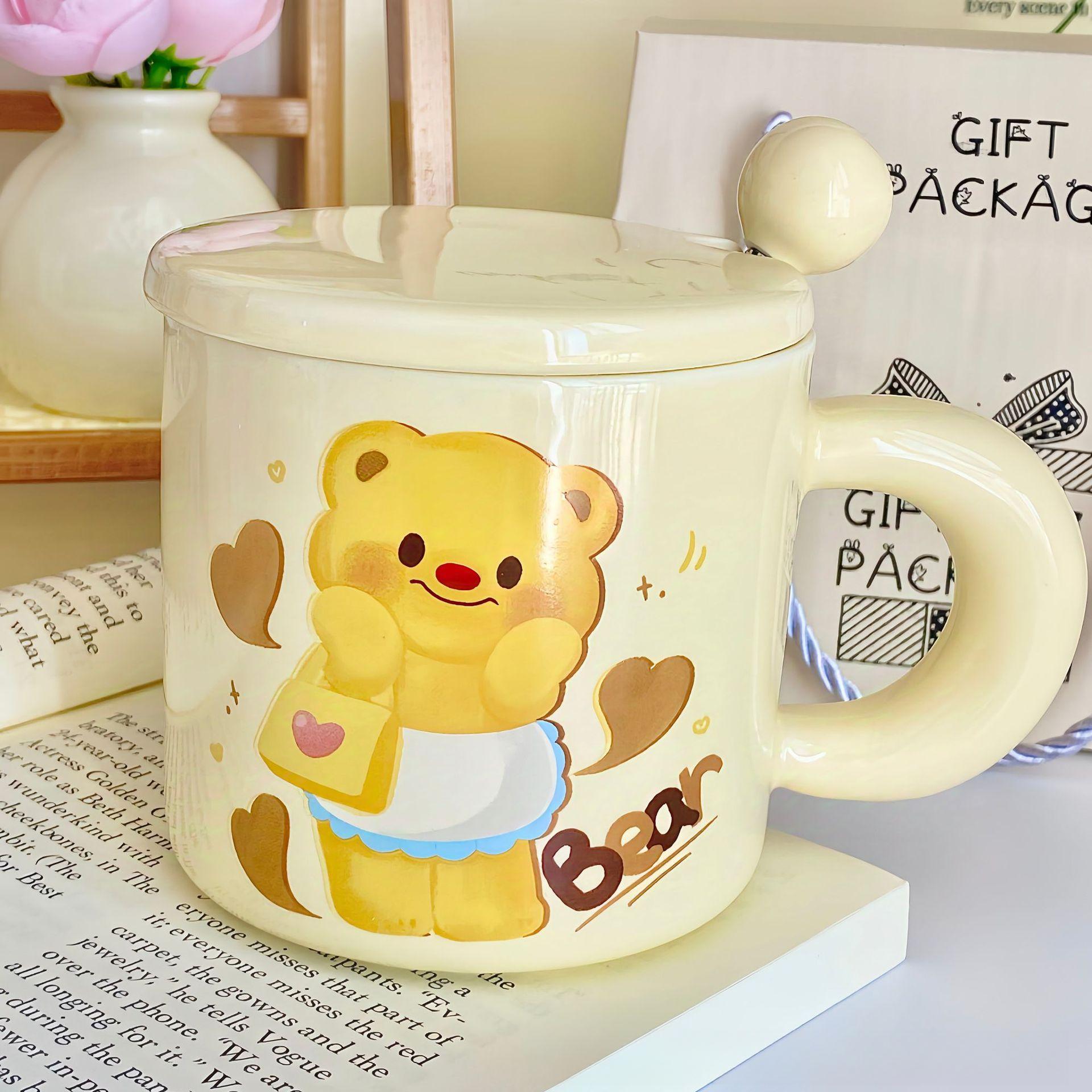 

Милая керамическая кружка Butter Bear с крышкой, ложкой и привлекательным внешним видом, подарок на день рождения для девочек, подарок лучшему другу 301-400ml