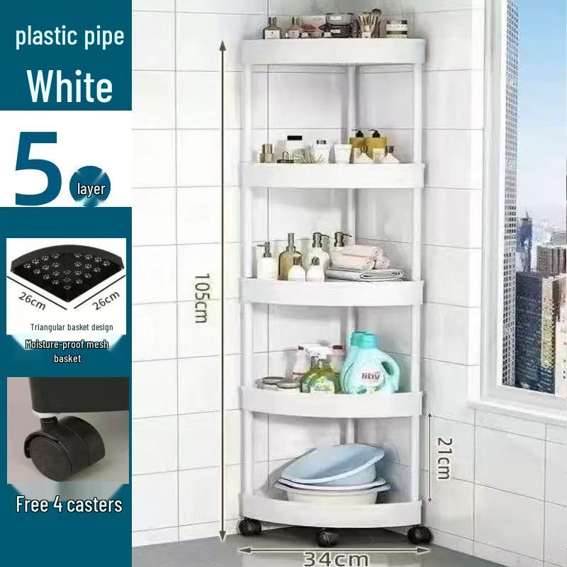 Compact Triangular Bathroom Storage Rack: Multi-Layer, Floor-Standing, Moveable Corner Organizer.