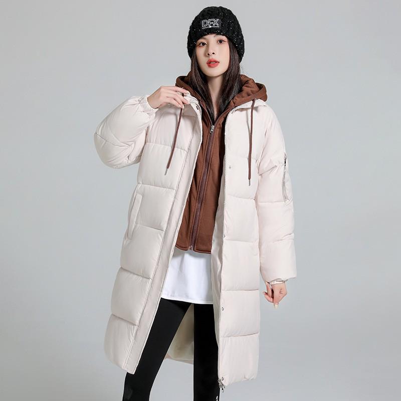 2024 Women's Mid-Length Hooded Casual Cotton Jacket - Autumn/Winter Over-the-Knee Faux Two-Piece Design