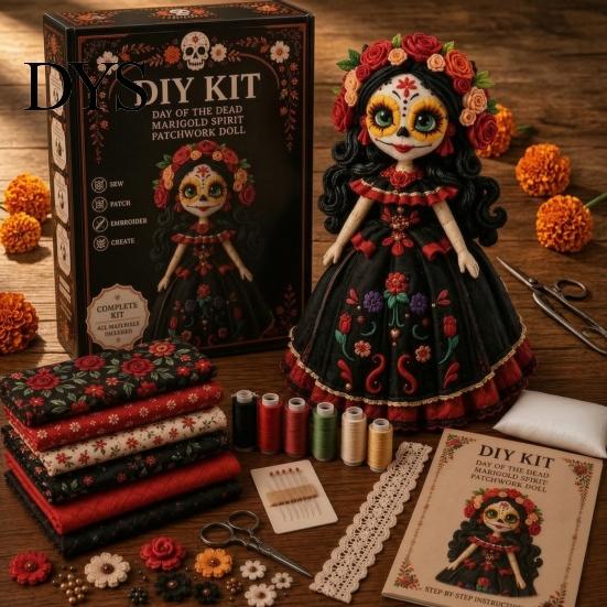 Volkskunstpuppen Bastelset Tag der Toten Patchwork DIY-Set, Zuckerschädel Nähen Bastelsets für Erwachsene, Feiertags-Andenken-Herstellungsmaterialien Halloween