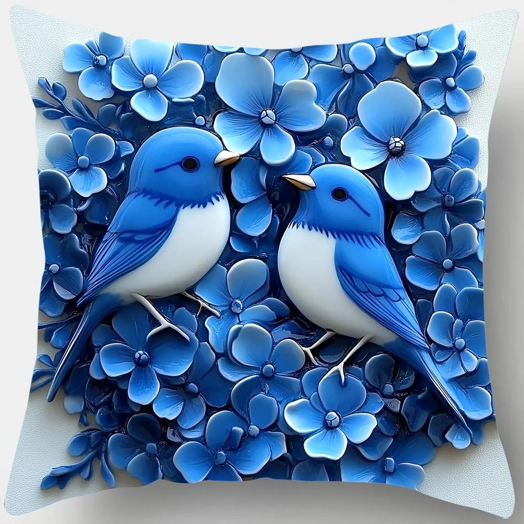 Blauer Vogel und Blumenmuster Kissenbezüge Muster Kissenbezug Geeignet für Sofa Schlafzimmer Auto Kissenbezug
