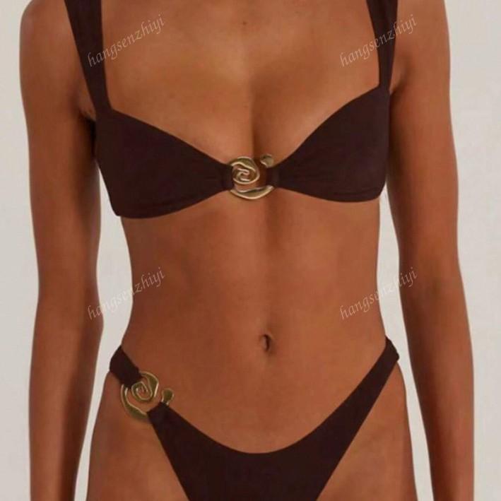 New black premium bikini swimsuit sexy backless metal connection ring swimsuit women