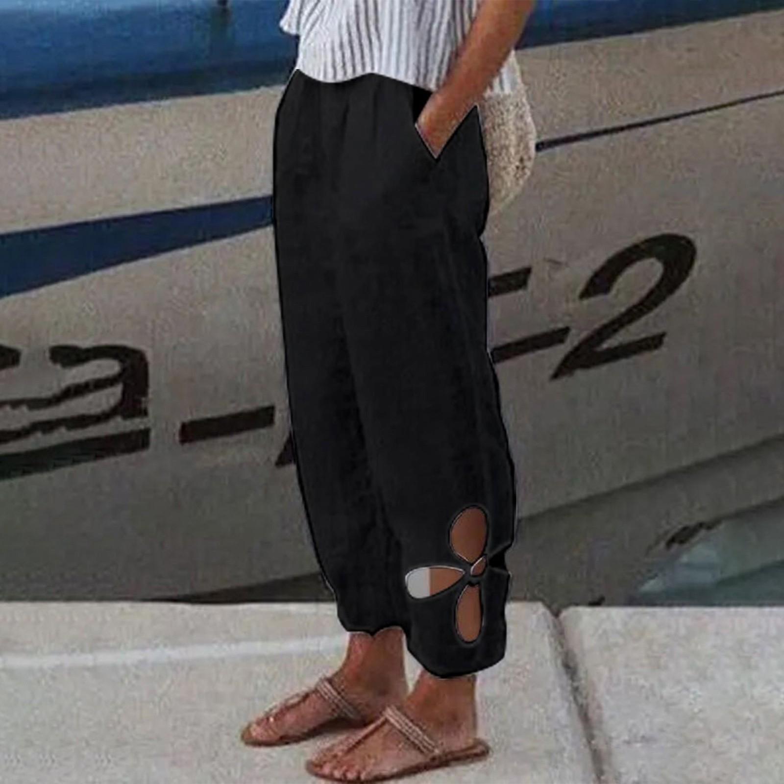 

Женские модные повседневные повседневные хлопковые льняные однотонные полые брюки с карманами XXL чёрный