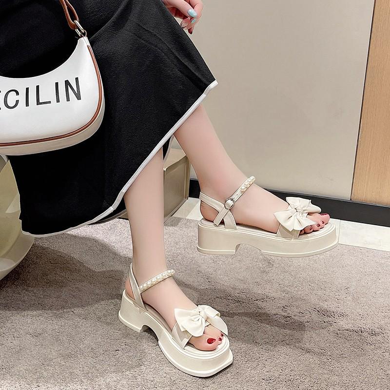 Women's 2025 Summer Fairy Style Platform Sandals with Bow and Pearls