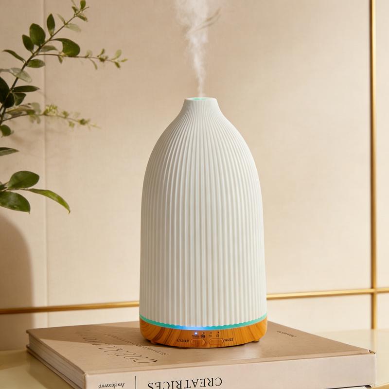 Smart Aromatherapy Diffuser & Humidifier, White Roman Pattern, Wood Grain, 7-Color LED, Silent Home Use
