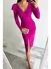 V-Neck Waist-Cinching Slit Solid Color Long Sleeve Dress