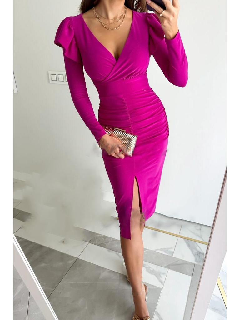 V-Neck Waist-Cinching Slit Solid Color Long Sleeve Dress