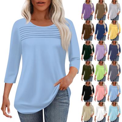 Women's Fashion Round Neck Pleated Front Placket Solid Color 3/4 Sleeve Top